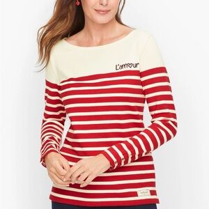 Talbots  "Authentic" Cotton Red Cream Striped L'Amour Long Sleeve Boat Neck Tee